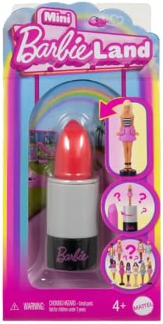 Mini Barbie dolls by Mattel, 1.5-inch figures in a lipstick tube, featuring colorful outfits and detailed doll accessories.