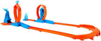 Hot Wheels toy car track set with triple loops and a 1:64 scale vehicle for kids and racing fun.