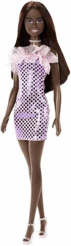 Barbie Doll Dark Brown Hair, Pink Metallic Dress