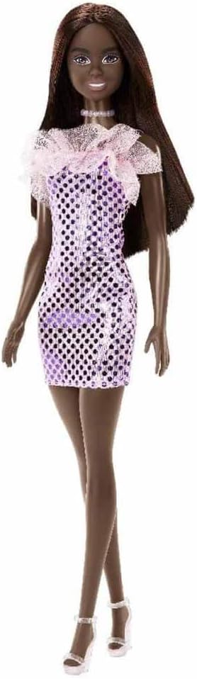 Barbie Doll Dark Brown Hair, Pink Metallic Dress