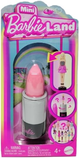 Mini Barbie dolls by Mattel, 1.5-inch tall dolls inside a lipstick tube display, featuring colorful outfits and detailed facial features.