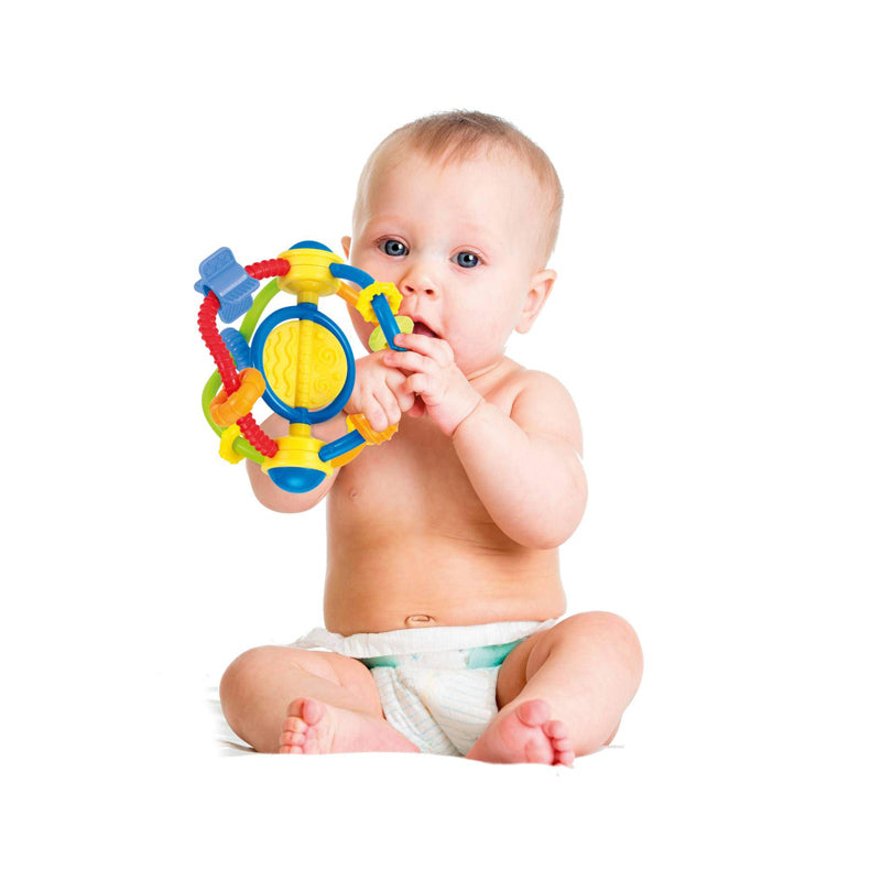 Winfun WinFunGrip Play Rattle for babies, colorful plastic toy with textured grip and rattling sounds for sensory development.
