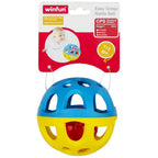 WinFun Easy Grasp Rattle Ball for babies, soft colorful plastic toy with textured surface for sensory play and easy gripping.