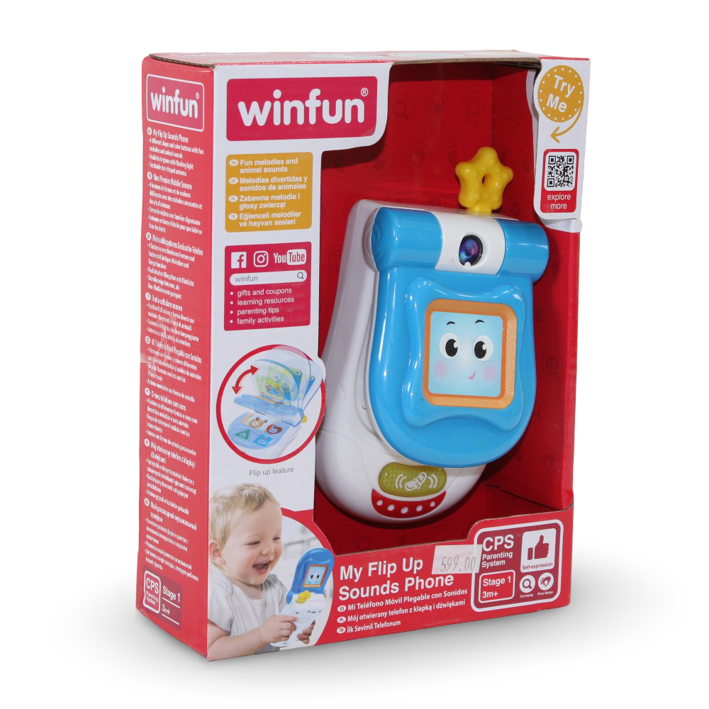 Winfun My Flip Up Sound Phone toy with colorful buttons and a flip cover, designed for young children to mimic a real phone.