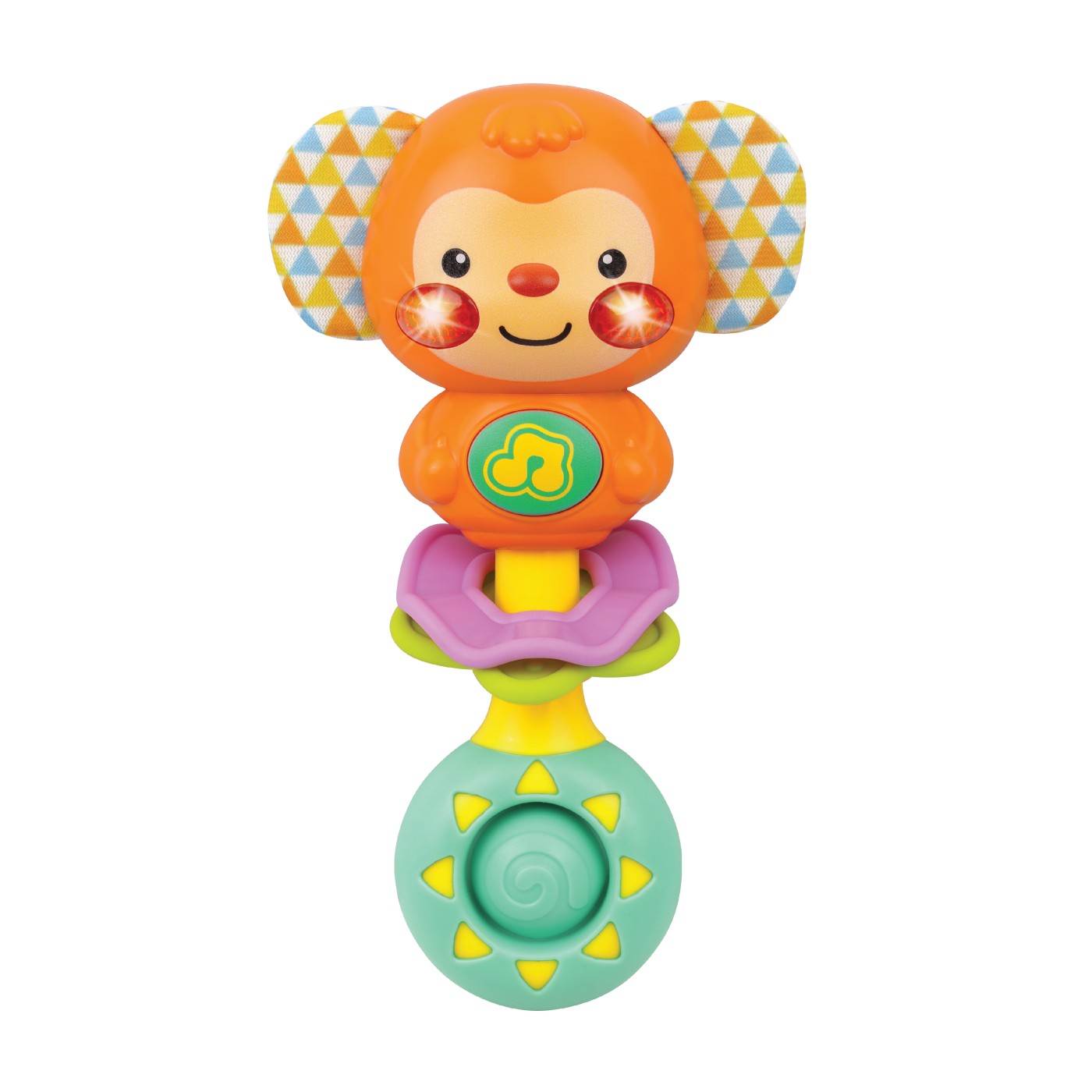 Winfun Sing With Me Rattle Monkey toy with colorful fabric and a smiling monkey face, perfect for infants' sensory development. Main image