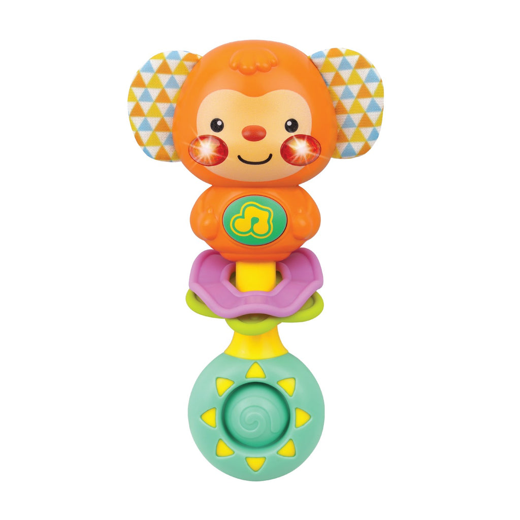 Winfun Sing With Me Rattle Monkey toy with colorful fabric and a smiling monkey face, perfect for infants' sensory development.