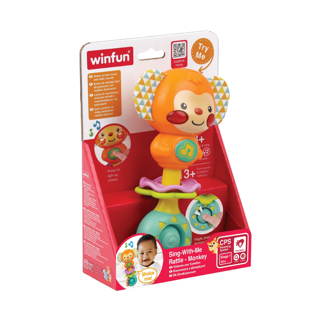 Winfun Sing With Me Rattle Monkey, colorful soft baby rattle with a playful monkey design and musical features for infants.