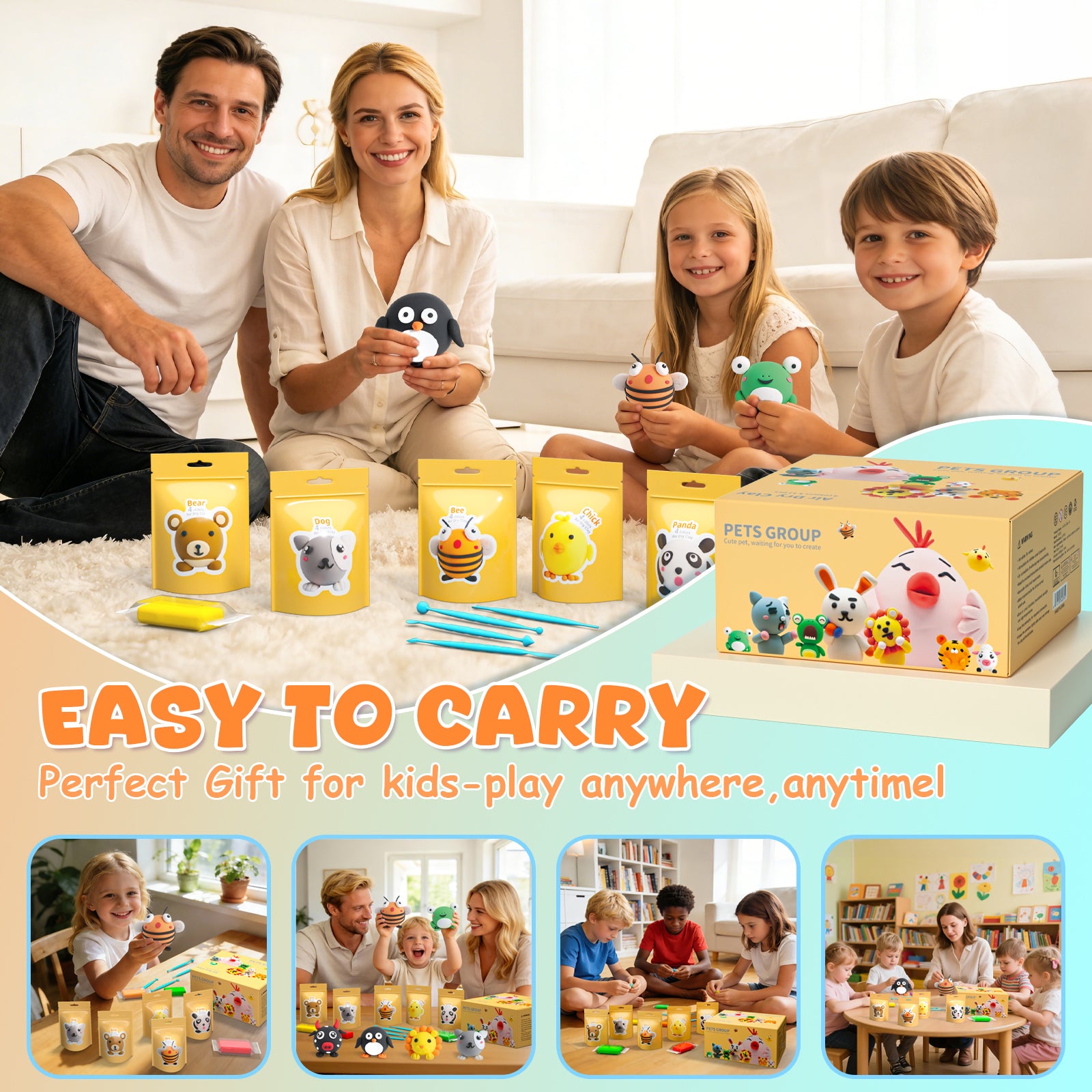 Playzokids air dry clay for kids, pets group 12-piece pack with tools, shown with colorful clay and modeling tools.