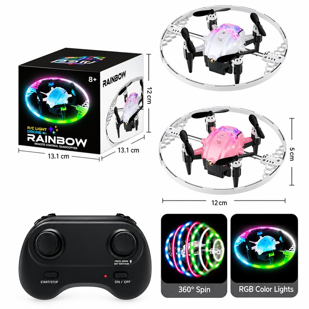 RC Mini Drone – Rainbow LED Light-Up Flying Toy with Remote