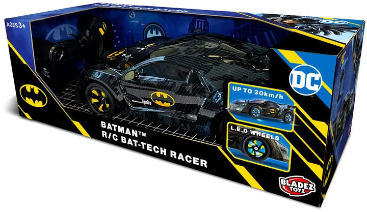 RC Batman vehicle Bat Tech 1:10 scale by Bladez Toys, detailed remote-controlled Batman-themed toy car with Bat logo design.