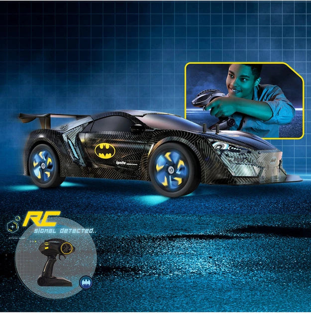 RC Batman vehicle Bat Tech 1:10 scale by Bladez Toys, detailed remote-controlled Batman-themed toy car with Bat logo design