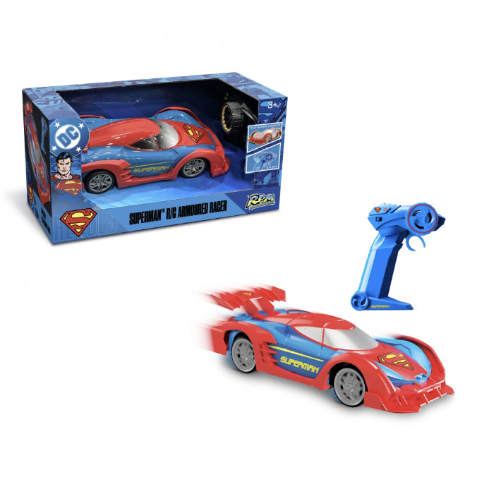 RC Superman armored racer toy by Bladez Toys, 1:20 scale remote control vehicle with Superman superhero design. Main image