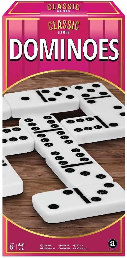 Playzokids Ambassador MA Classic Games Dominoes set with black and white tiles on a wooden surface.