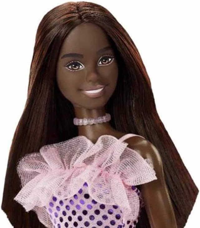 Barbie Doll Dark Brown Hair, Pink Metallic Dress