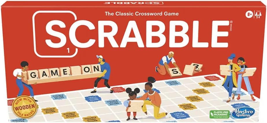 Classic Scrabble board game with letter tiles and rack, featuring a wooden game board for word play fun. Main image
