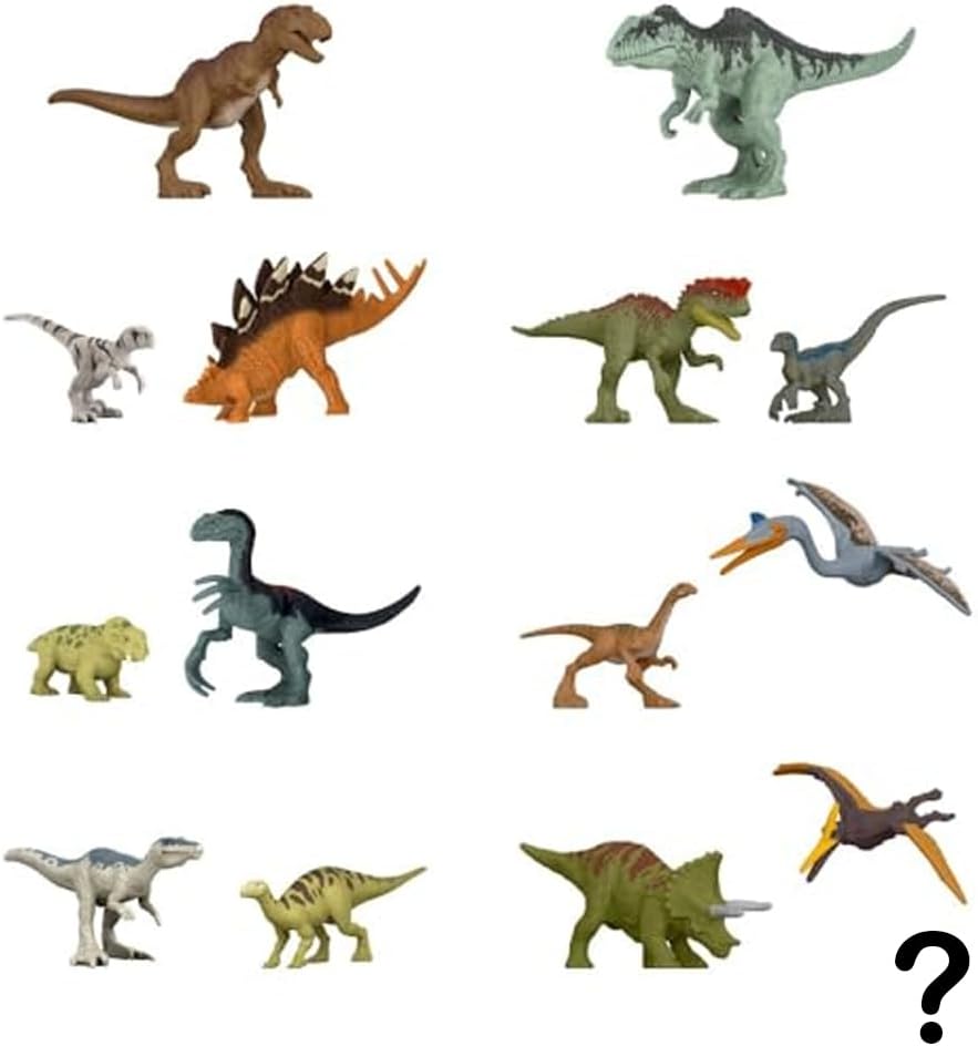 Mattel Jurassic World Dominion Minis Dinosaur Toy Figures set featuring realistic miniature dinosaur toys for children. Main image