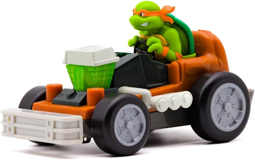 Teenage Mutant Ninja Turtles Shell Smasher Karts featuring Michelangelo toy from Funrise, with detailed turtle character and kart accessories.
