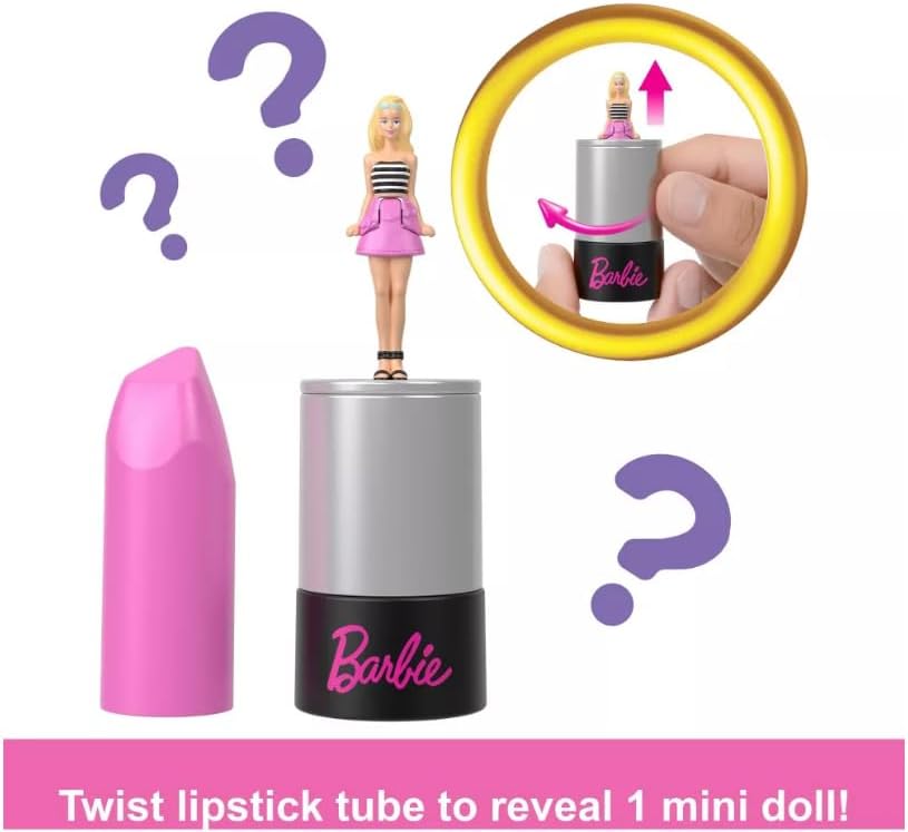 Mini Barbie dolls by Mattel, 1.5-inch size, stored inside a lipstick tube, collectible doll set in vibrant packaging