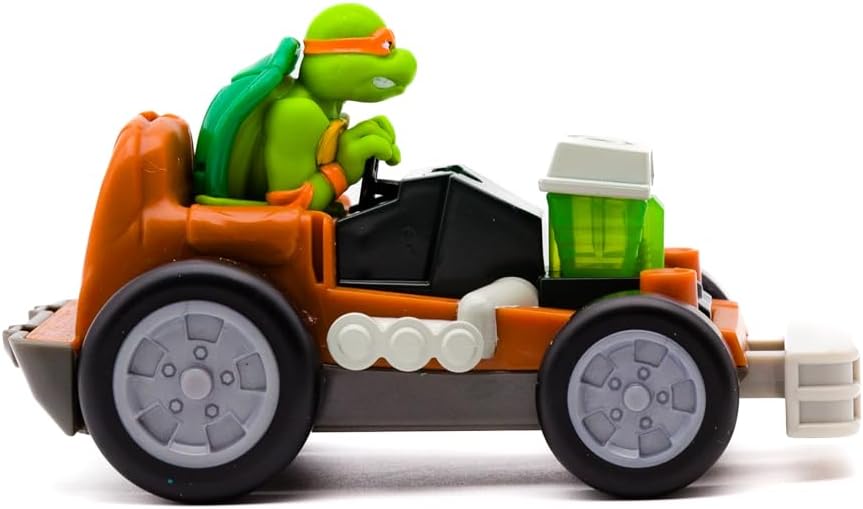 Teenage Mutant Ninja Shell Smasher Karts assortment featuring Michelangelo character from Funrise, with colorful toy vehicles and figures.