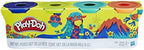 Four cans of Play-Doh Wild Colors modeling clay by Hasbro, featuring vibrant, multicolored Play-Doh in 4-ounce cans.