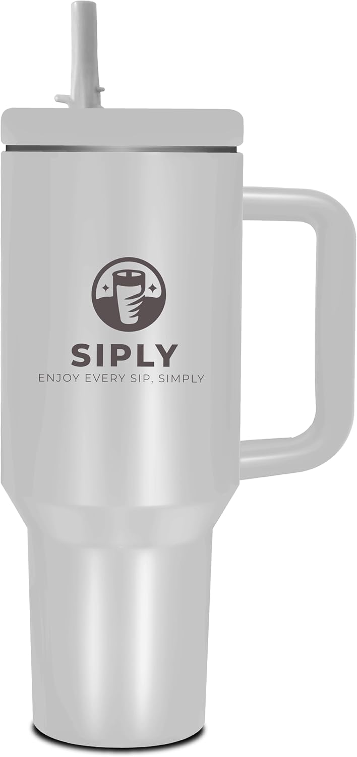Siply 40oz insulated stainless steel tumbler with handle, lid, and straw cover, ideal for hot or cold drinks like water and coffee.