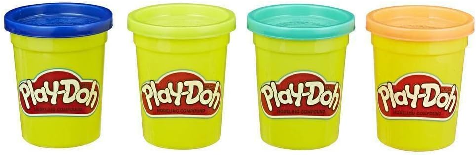 Four cans of Play-Doh Wild Colors modeling clay in 4-ounce sizes from Hasbro, showcasing vibrant, colorful dough for creative play.