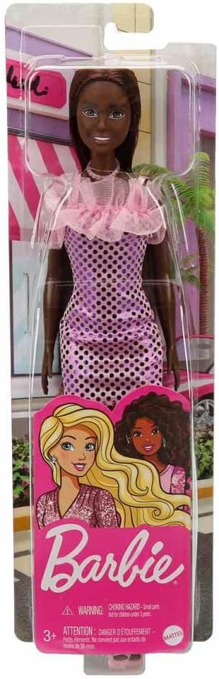 Barbie Doll Dark Brown Hair, Pink Metallic Dress