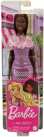 Barbie Doll Dark Brown Hair, Pink Metallic Dress