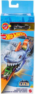 Hot Wheels City Nemesis Launcher assortment by Mattel featuring colorful toy race car launchers and track accessories.