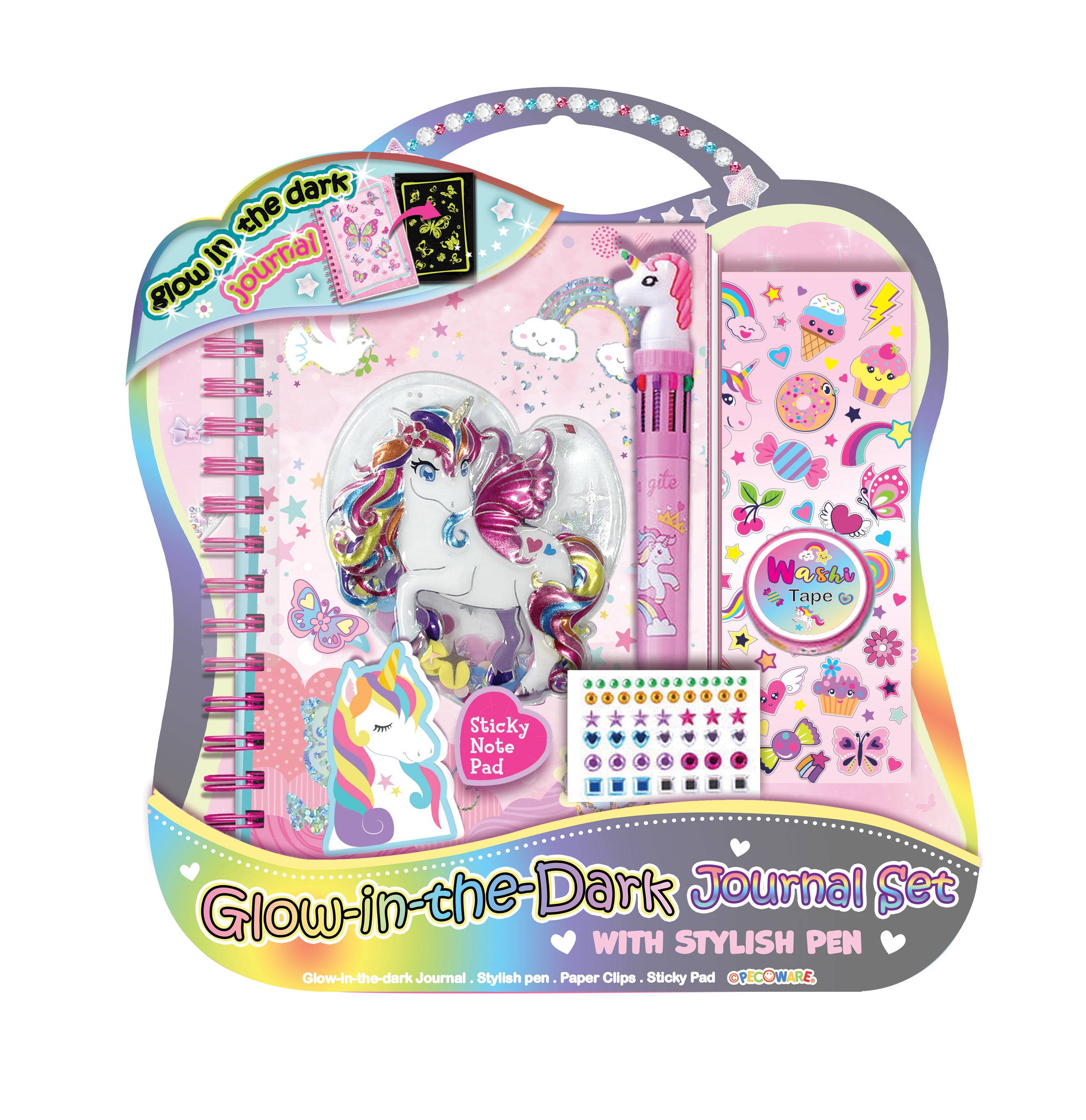 Glow in the dark journal set by PECOWARE featuring colorful, starry designs on durable hardcover notebooks.