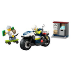 Lego 60455 police motorcycle chase set with Lego police officer minifigure and detailed motorcycle model.