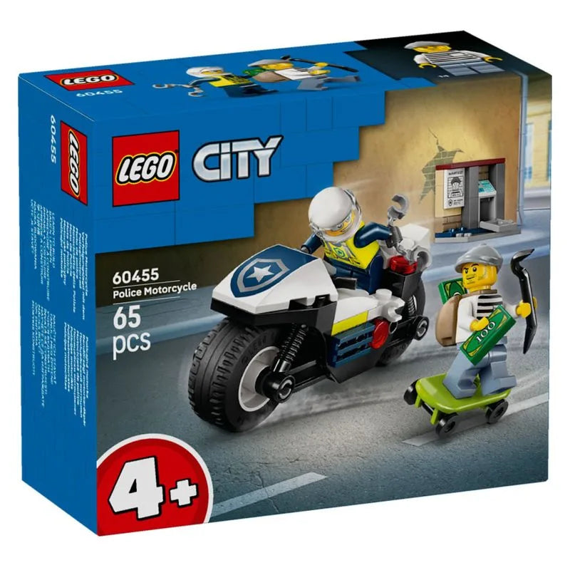 Lego 60455 Police Motorcycle Chase set featuring a detailed police motorcycle and minifigures in a dynamic scene Main image