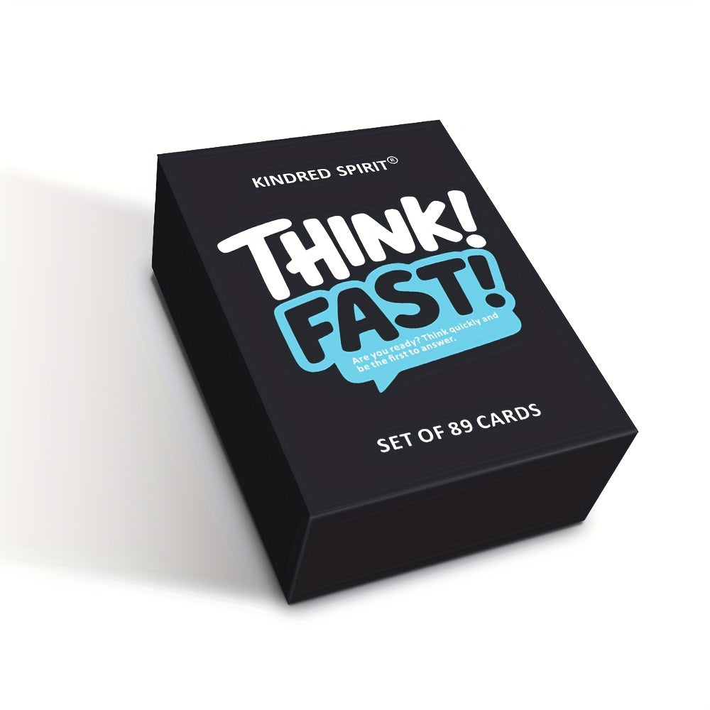 Kinder Spirit Think Fast fast-paced Q&A game box showing colorful packaging and game components inside.