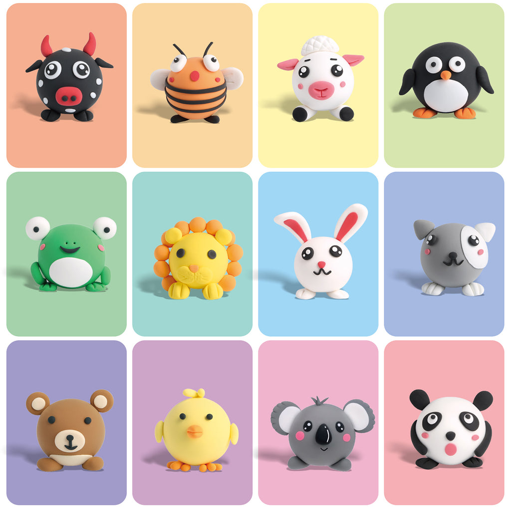 Playzokids air dry clay for kids, pets group 12-piece pack with tools, colorful modeling clay for children's craft activities.