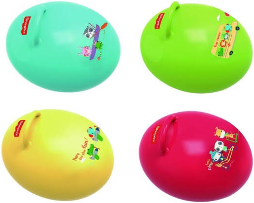 Fisher-Price bouncy egg with foot pump, colorful plastic toy for children, showing the bouncy egg and pump on a white background.
