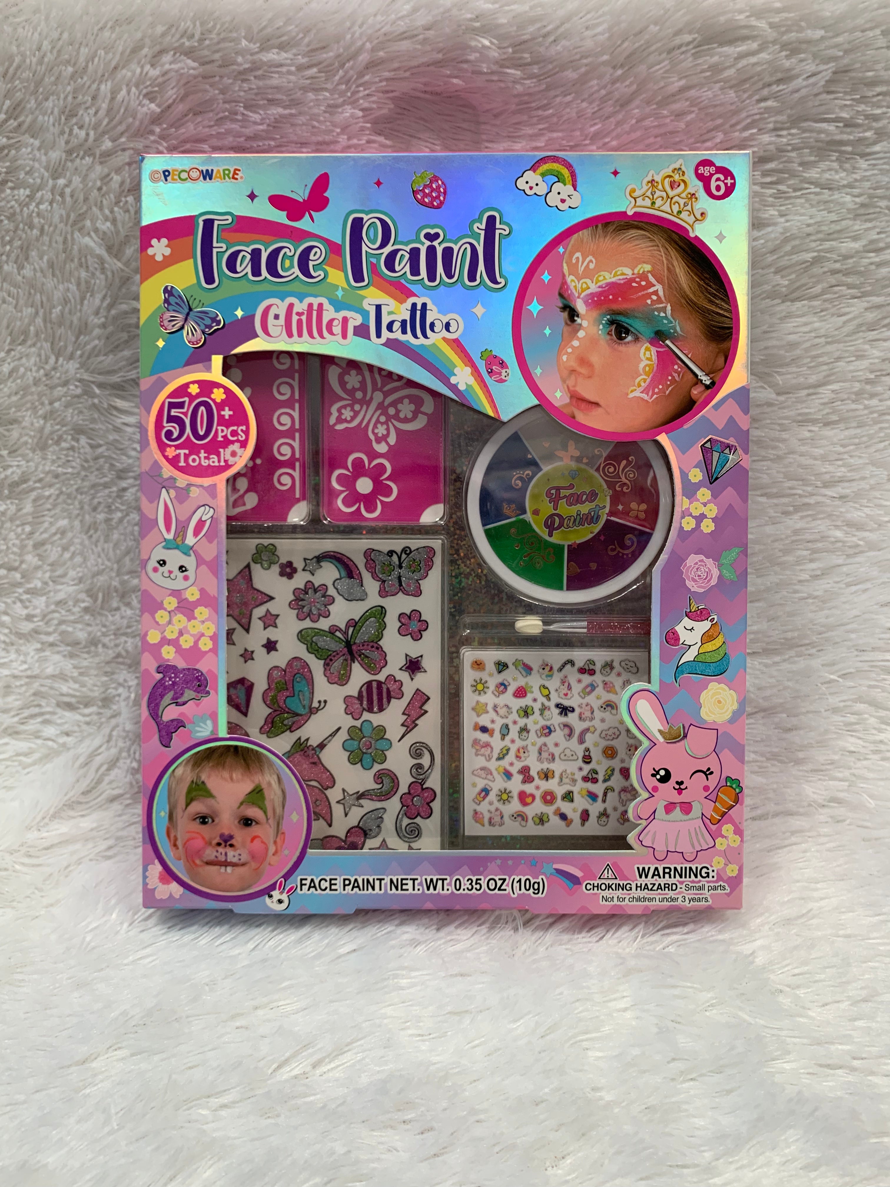 PECOWARE Pecoware face paint glitter tattoo with vibrant colors and sparkling glitter, designed for creative face and body art.