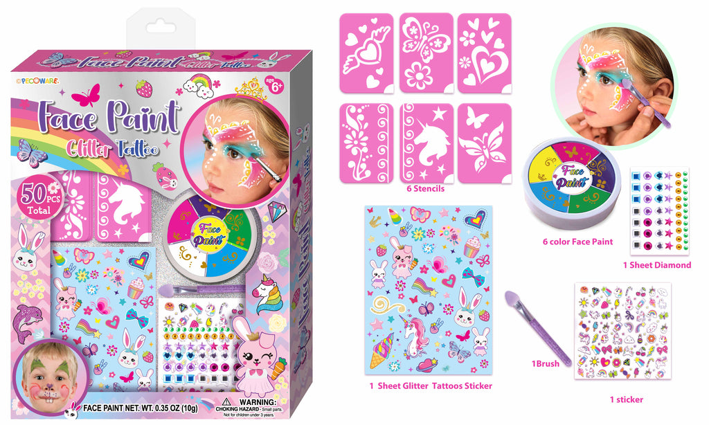 PECOWARE Pecoware face paint glitter tattoo with colorful, shimmering glitter design on a person’s face, suitable for parties or events.