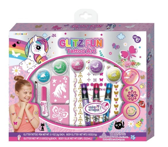 Colorful Pecoware Glitz Fun Tattoo Art design on a sheet, featuring vibrant, playful tattoo-style illustrations by PECOWARE.