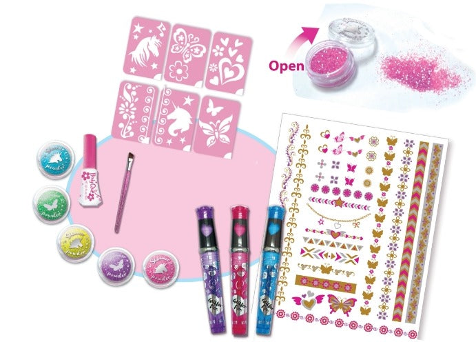 Pecoware Glitz Fun Tattoo Art design featuring vibrant, colorful tattoo-inspired illustrations on a white background.