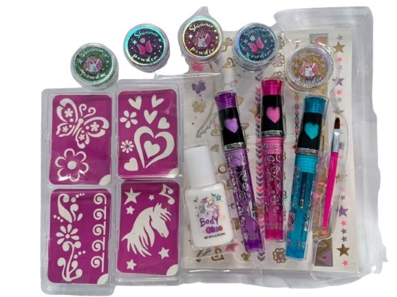 Pecoware Glitz Fun Tattoo Art design featuring colorful, glittery tattoo-style illustrations on a white background.