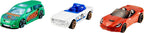 Three Hot Wheels toy cars from Mattel's 3 Car Pack Instant Starter Set, featuring colorful race car designs on a white background.