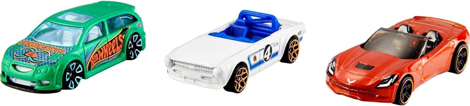 Three Hot Wheels toy cars from Mattel's 3 Car Pack Instant Starter Set, featuring colorful race car designs on a white background.