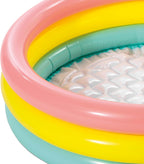Playzokids Intex Sunset Glow Baby Pool with colorful inflatable sides and shallow water for young children.
