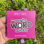SMILE TALK Quick Guesses Challenge Card Game featuring colorful cards with fun guessing prompts and game instructions.