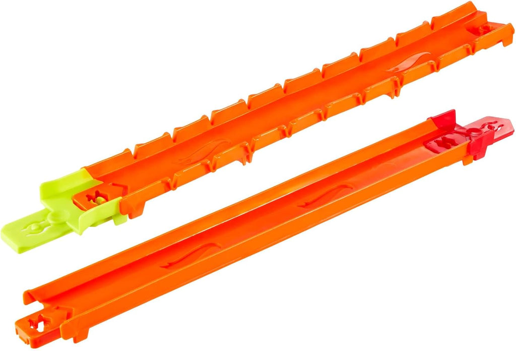 Hot Wheels toy car track set with colorful plastic tracks and a 1:64 scale race car, perfect for kids' play and creative racing.