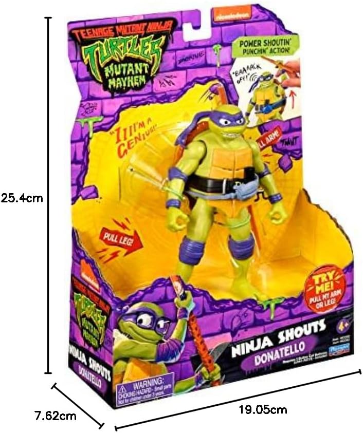 Mutant Mayhem 5.5-inch Donatello Deluxe Ninja Shouts action figure by Playmates with detailed costume and expressive features.