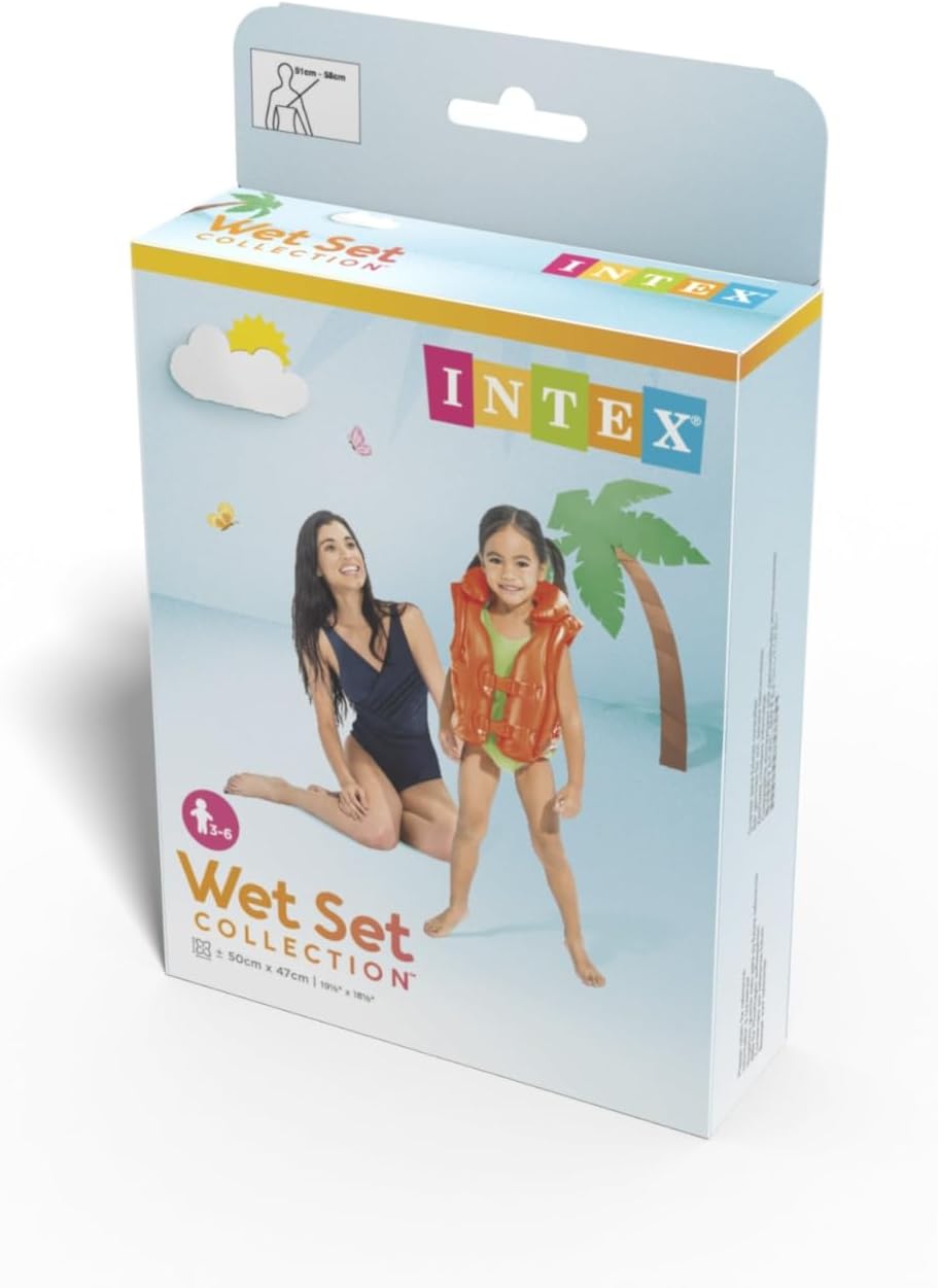 Playzokids Intex swim vest in red, featuring adjustable straps and buoyant material for safe water fun.