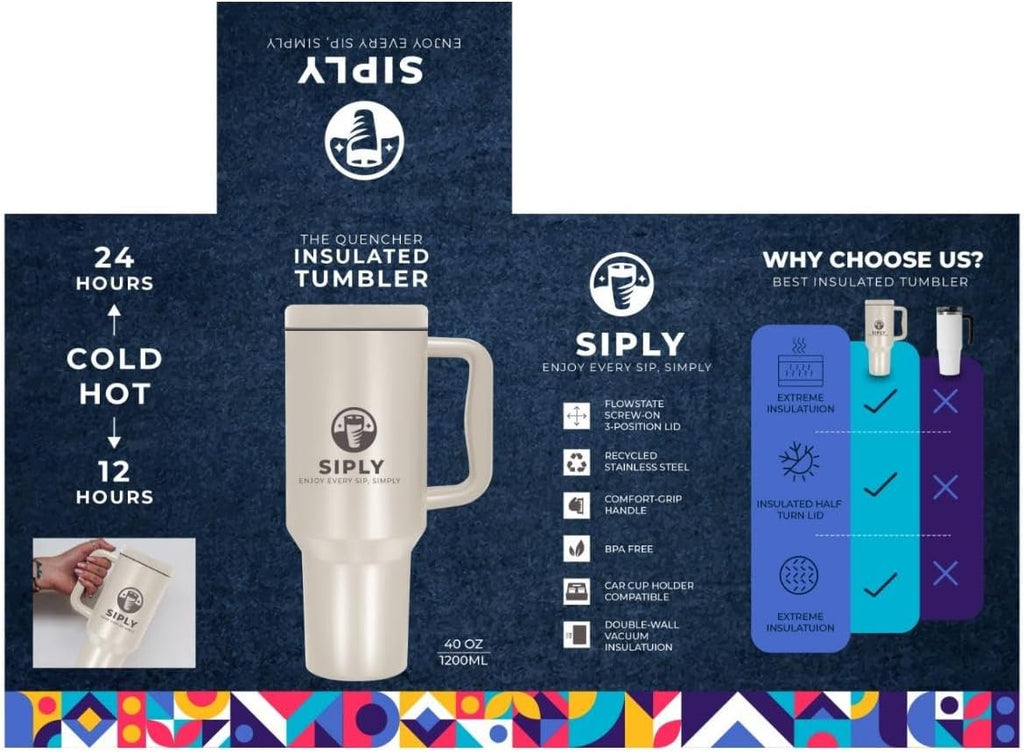 Siply 40oz insulated stainless steel tumbler with handle and lid, double wall vacuum flask for hot or cold drinks with straw cover.