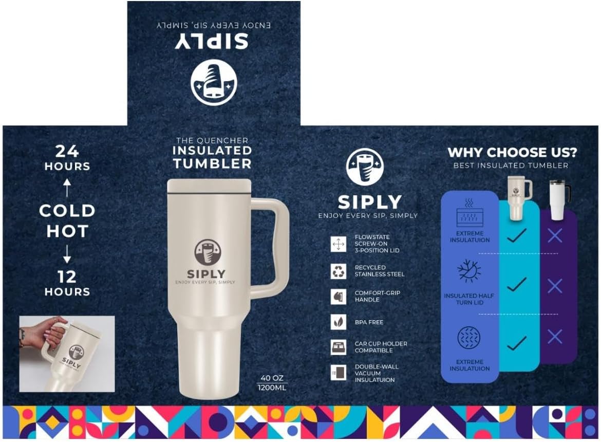 Siply 40oz insulated stainless steel tumbler with handle and lid, double wall vacuum flask for hot or cold drinks with straw cover.