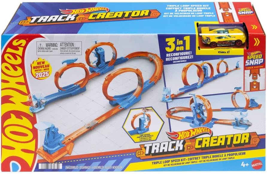 Hot Wheels toy car track set with triple loops and a 1:64 scale Hot Wheels vehicle on a white background. Main image